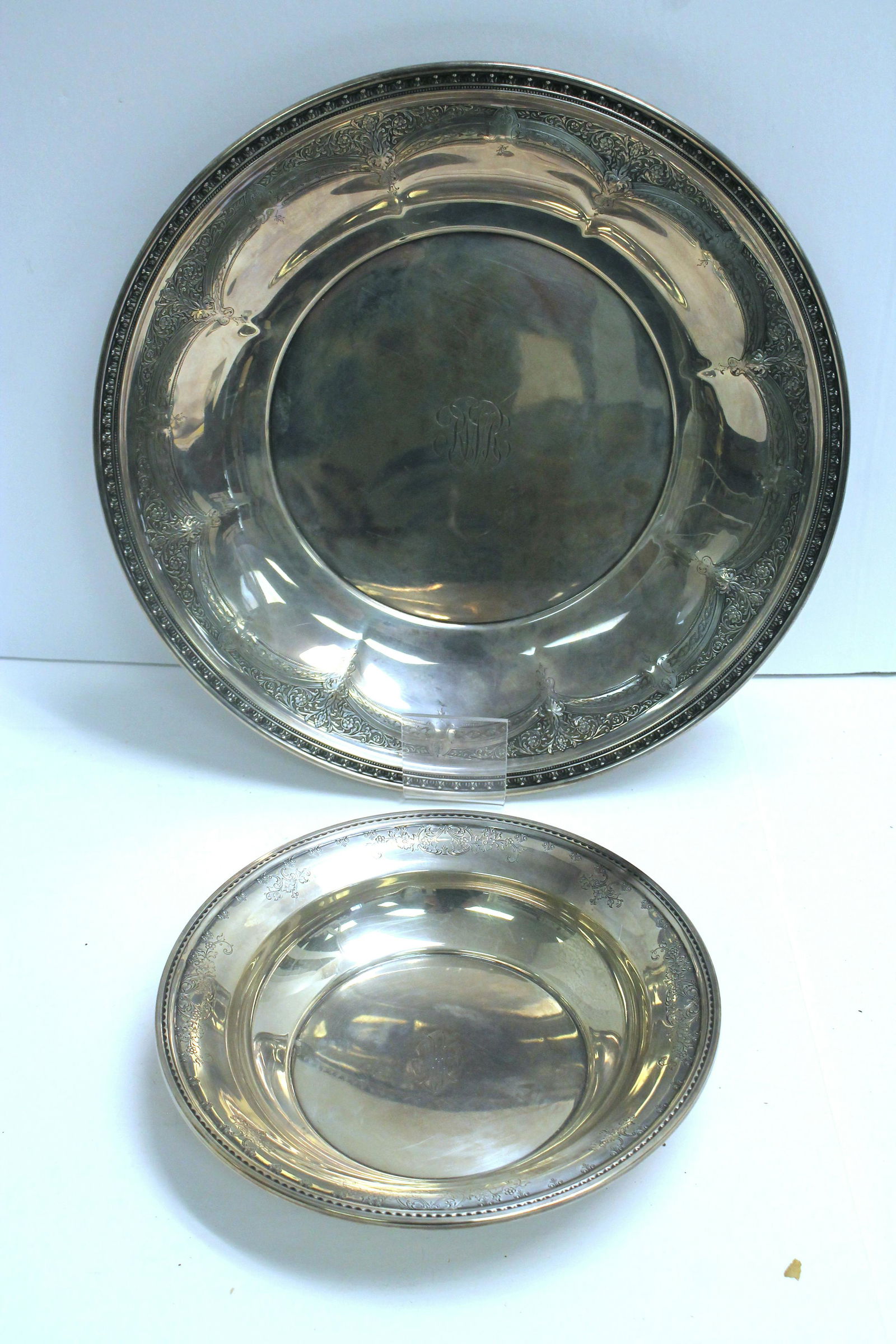 Two sterling silver serving platter/bowls w etched dec & monograms - by Towle 13 1/2" & Dominich & (1 of 13)