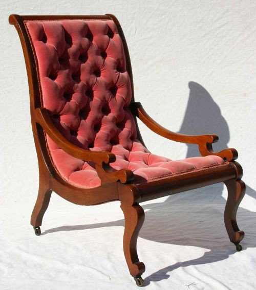 Rare ca 1820's period Charleston, SC mahogany slipp: Rare ca 1820's period Charleston, SC mahogany slipper chair in red velvet upholstery