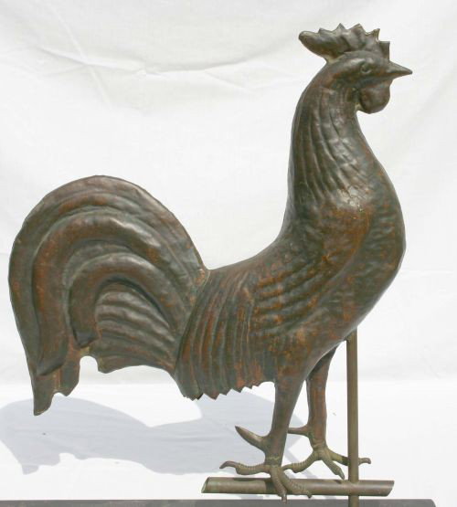 antique copper rooster weathervane in old brown pat: antique copper rooster weathervane in old brown patina - 21" tall