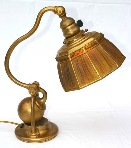 Beautiful sgnd Tiffany gold dore counter balance d: Beautiful sgnd Tiffany gold dore counter balance desk lamp w 7" gold linen fold shade