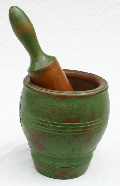 Antique turned mortar & pestle in green paint - 6 : Antique turned mortar & pestle in green paint - 6 3/4" mortar - 10 1/2" pestle