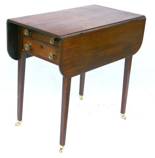 Hepplewhite period ca 1790-1810 Mid Atlantic mahog: Hepplewhite period ca 1790-1810 Mid Atlantic mahog satinwood inlaid 4 drawer diminutive dropleaf Pembroke table ending in brass casters - 29 1/2" long x 28" tall