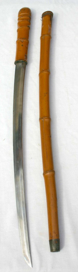 19thC Chinese carved laquered bamboo sheathed swor: 19thC Chinese carved laquered bamboo sheathed sword cane