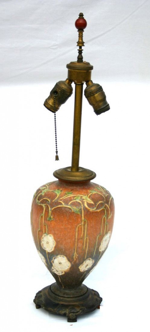 rare pattern Roseville lamp - pottery portion is 1: rare pattern Roseville lamp - pottery portion is 10 1/2"