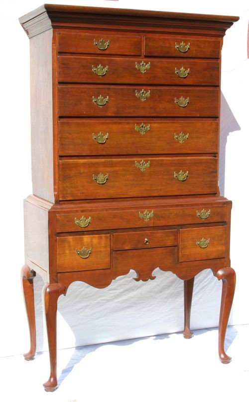Outstanding Stonington, CT/Westerly, RI cherry fla: Outstanding Stonington, CT/Westerly, RI cherry flat top QA highboy ca 1750-1770 w lobster tail carved apron, orig brasses & fluted ¼ columns ending w lamb's tongue carving - 6'2" tall x 37" wide top 