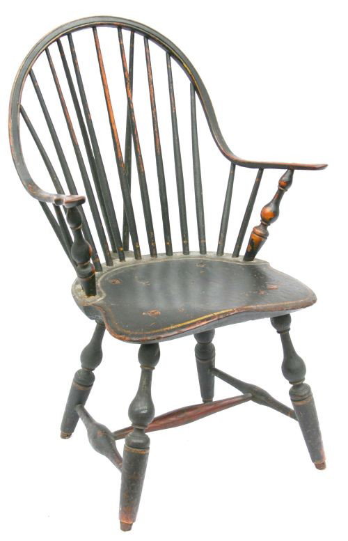 Important continuous arm braceback NY Windsor chai: Important continuous arm braceback NY Windsor chair w bulbous turnings in nice old crusty maple & ash surface sgnd I. Sproson, (John Sproson working in NY 1789-1798) in full height