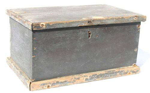 fine miniature pine blanket chest in old green ove: fine miniature pine blanket chest in old green over orig blue paint sgnd on underside of lid J.C. Harding Stafford, Ct via Palmer, Mass - 17 1/2" long x 11" deep x 9" tall