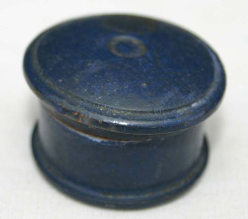 antique miniature wooden carved pill box in old b: antique miniature wooden carved pill box in old blue paint approx 2" diam Photo #3 showing size comparison only.