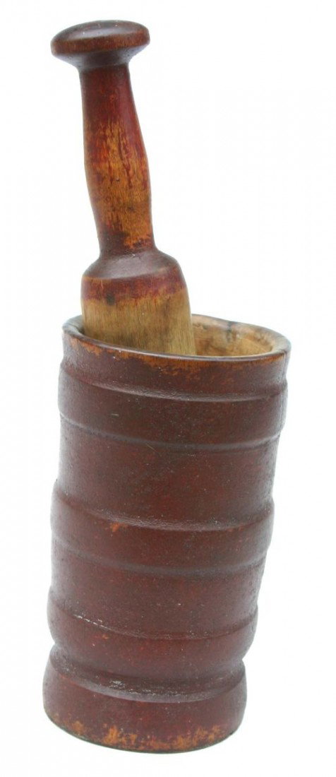 antique wooden turned mortar & pestle in red paint: antique wooden turned mortar & pestle in red paint - 7" mortar & 9" pestle