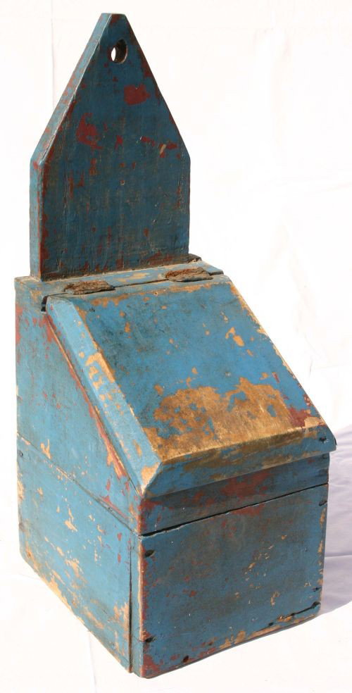ca 1860 New England pine hanging salt box in old b: ca 1860 New England pine hanging salt box in old blue paint - 18 1/2" tall x 8 1/2" deep