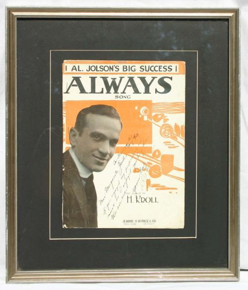 Rare orig music cover "Always" sgnd w sentiment by: Rare orig music cover "Always" sgnd w sentiment by Al Jolson - 12x9 image size
