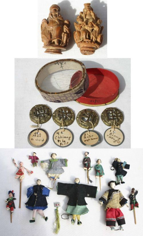 Asian item lot incl 11 small doll figures, 2 mini : Asian item lot incl 11 small doll figures, 2 mini nut carvings & 4 brass medallions