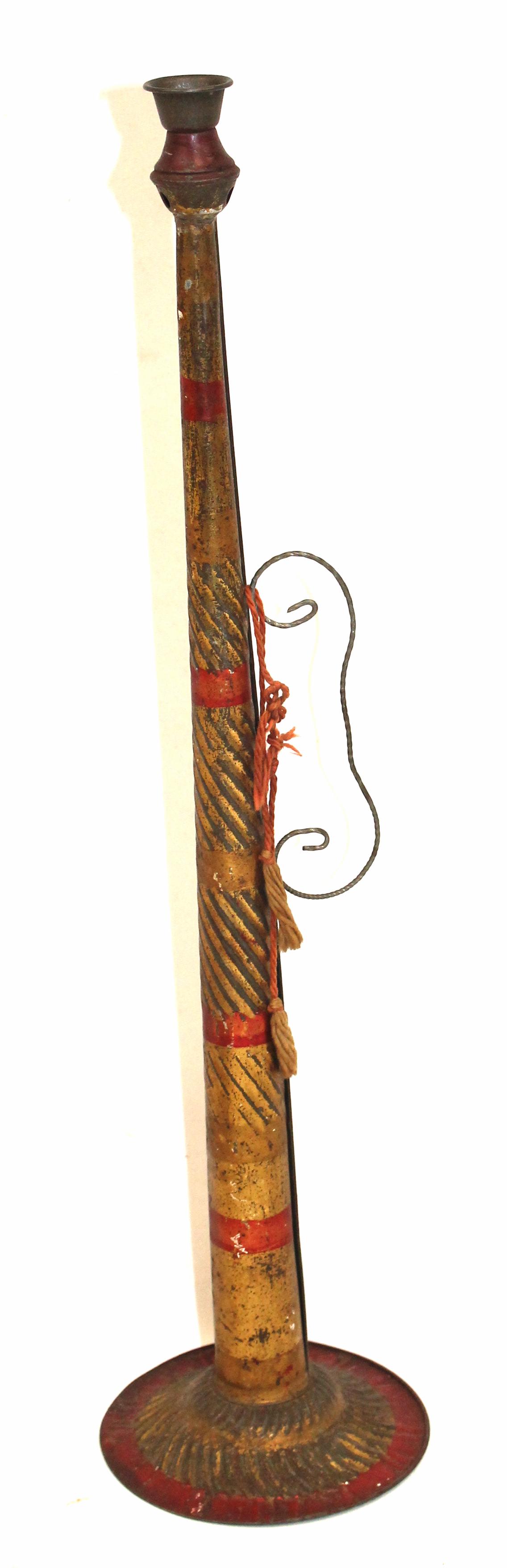 Early 20thC toy tin horn in red and gold paint - 17" tall (1 of 5)