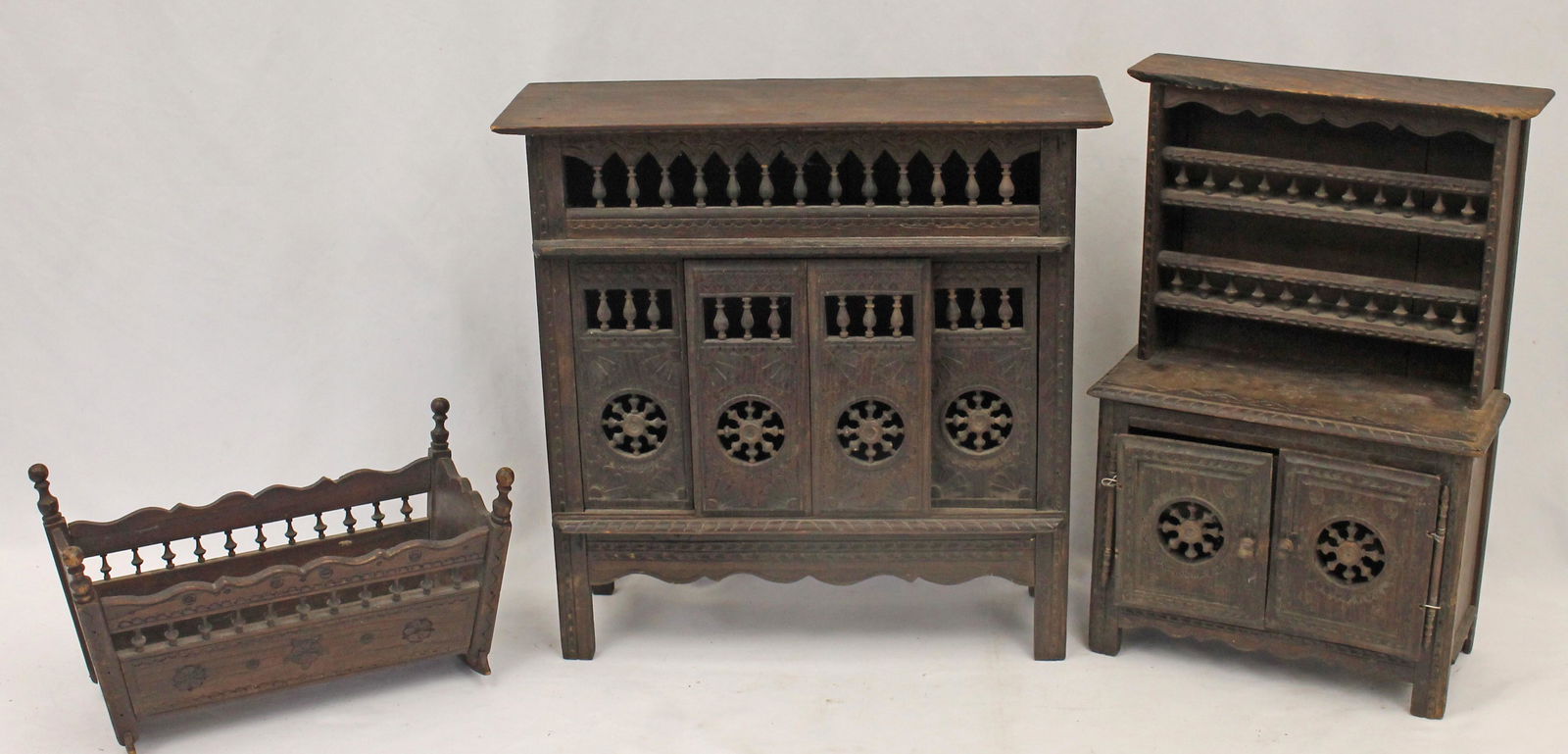 19thC French Breton doll furniture incl cradle, step-back cupboard & court cupboard - 16" tall x 16" (1 of 8)
