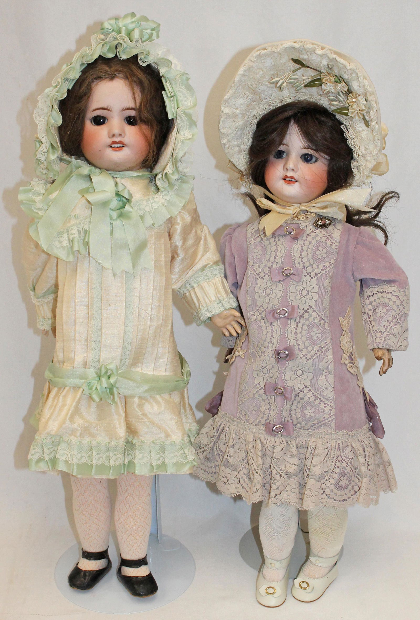 Lot of 2 French bisque head dolls w sleep eyes & open mouths - composition bodies - heads marked (1 of 16)