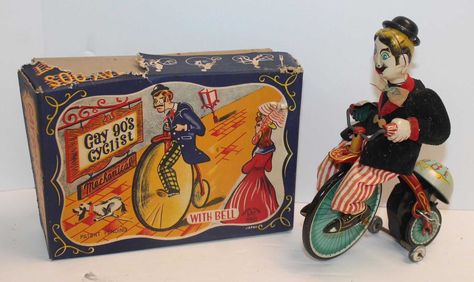 Japanese tin windup "Gay 90's Cyclist" in orig box - 6 3/4" tall (1 of 5)