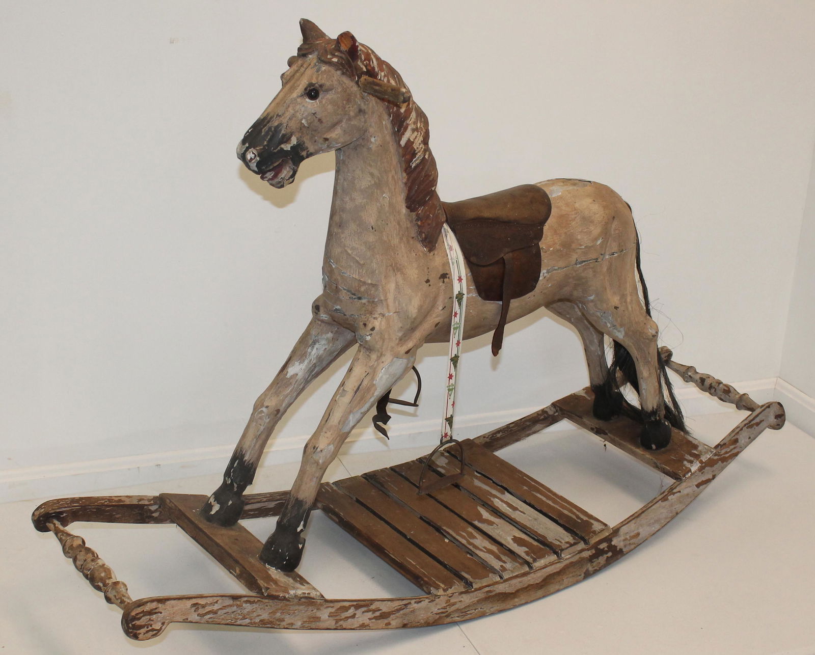 Carved & painted wooden rocking horse w leather saddle & horse hair tail - 49" long x 31 1/2" tall (1 of 14)