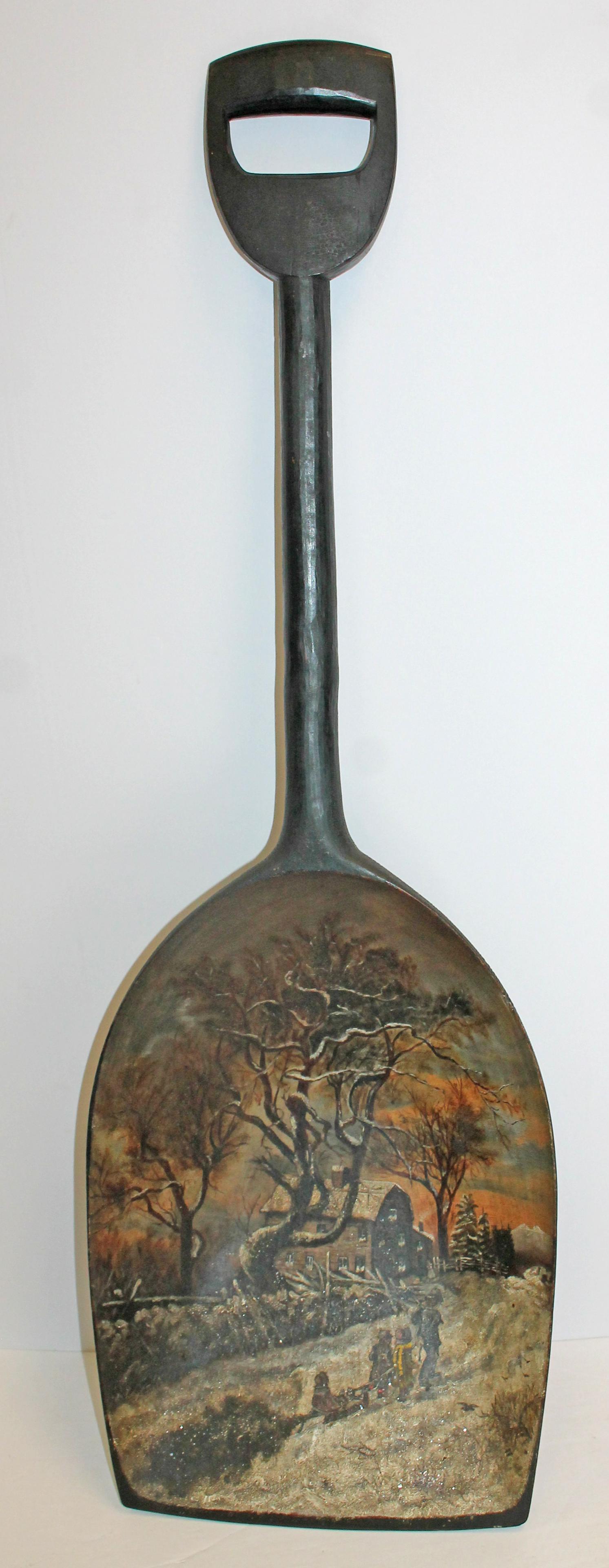 Folk Art painted shovel w winter scene of children on a sled - 36 1/2" tall (1 of 3)
