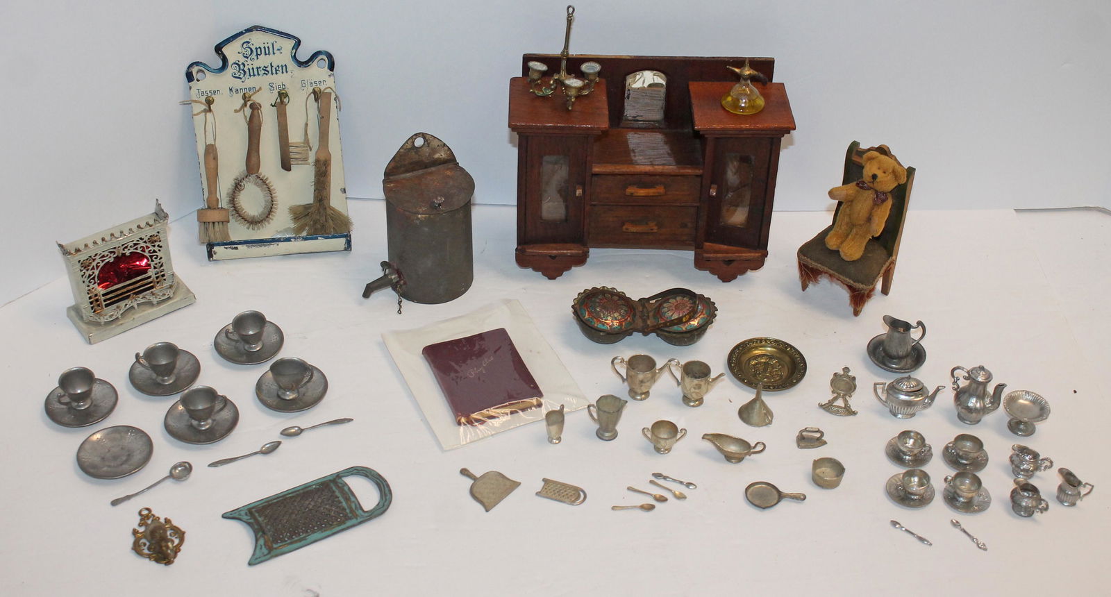 Antique dollhouse accessory lot incl sideboard, teddy bear, fireplace, brushes, plates, cups, (1 of 10)