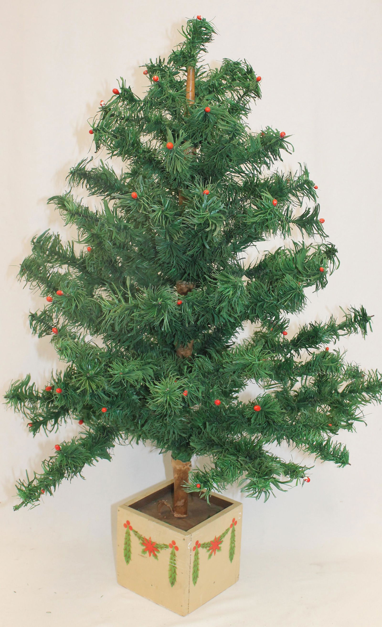 Vintage full bodied feather Christmas tree w berries in painted wooden stand - 32" tall (1 of 4)