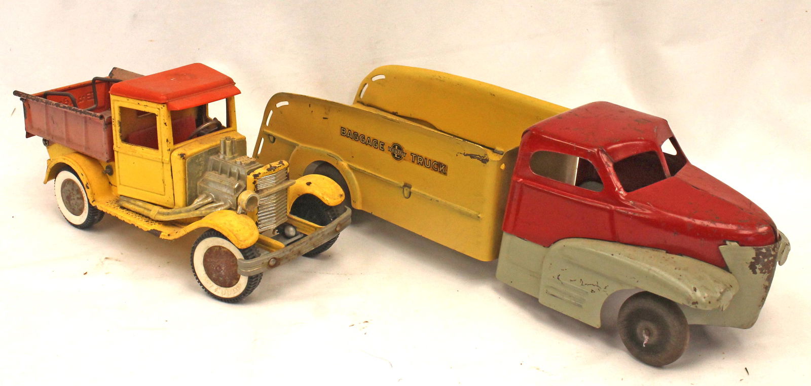 Lot of 2 Buddy L trucks incl  11" dump truck w exposed engine & 17 12" "Baggage Truck" (1 of 7)