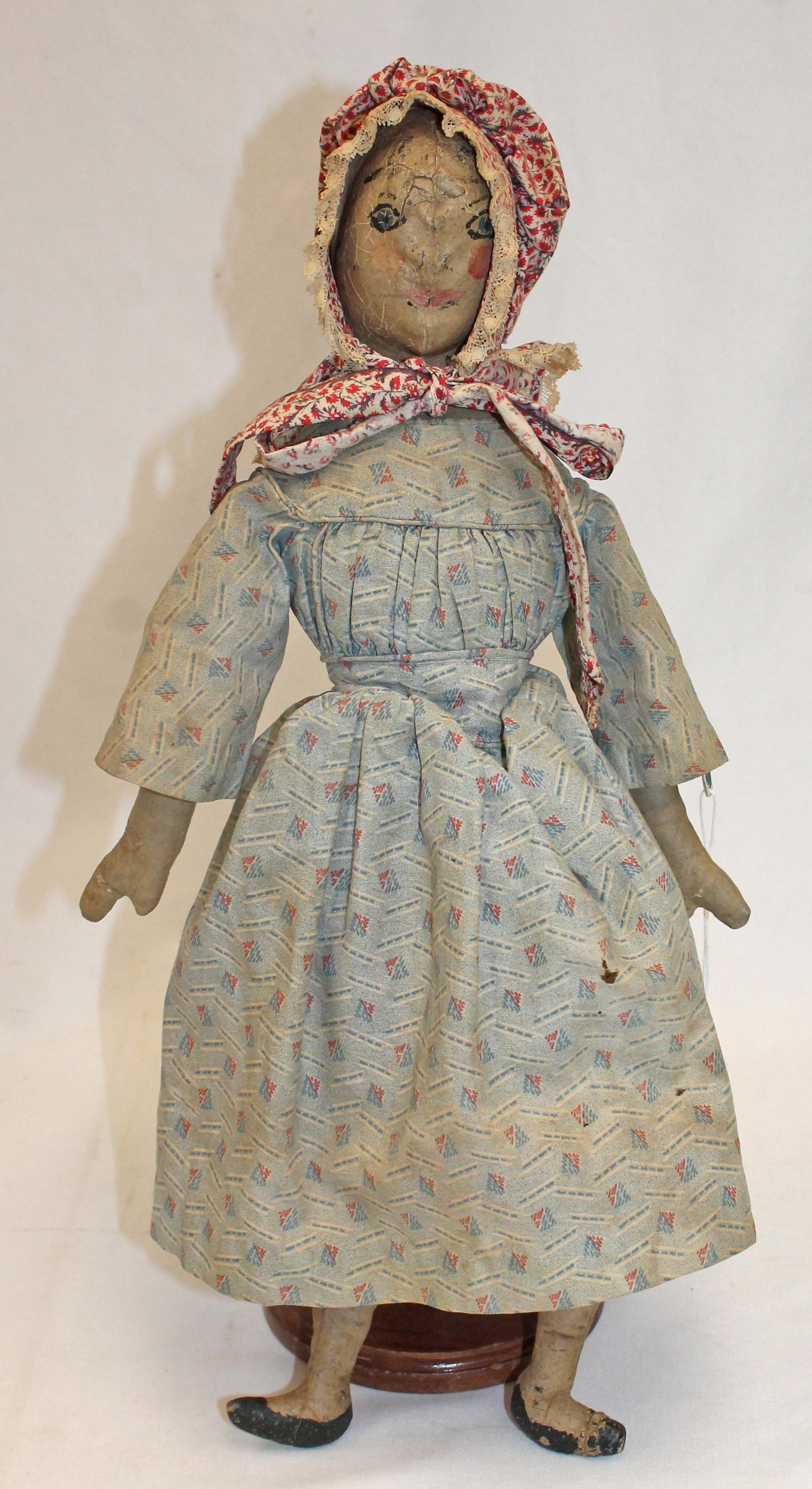 late 19thC painted cloth doll w all orig clothing & rosey cheeks - 16" tall (1 of 8)