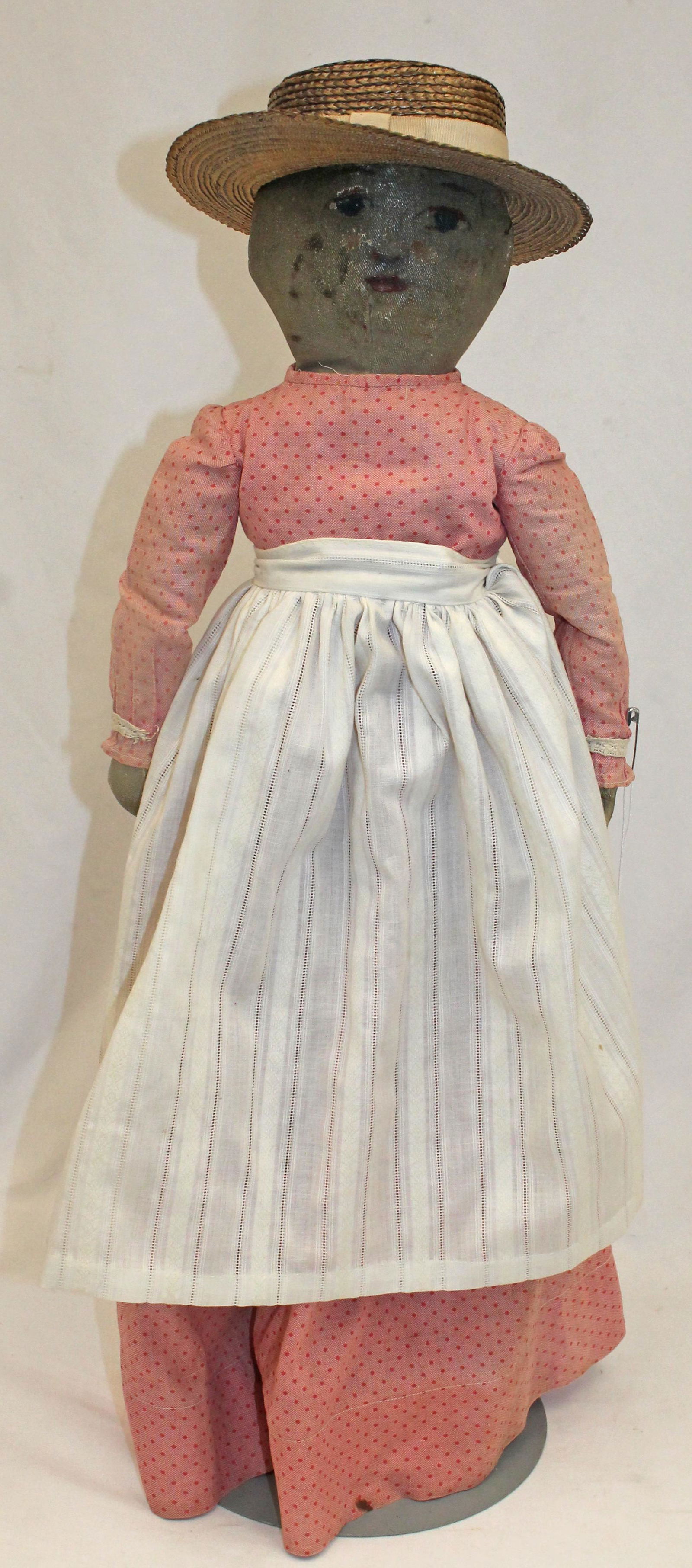 Large ca 1900 cloth doll w oil painted face, drawn fingers & toes, orig dress & straw hat - 24" tall (1 of 8)