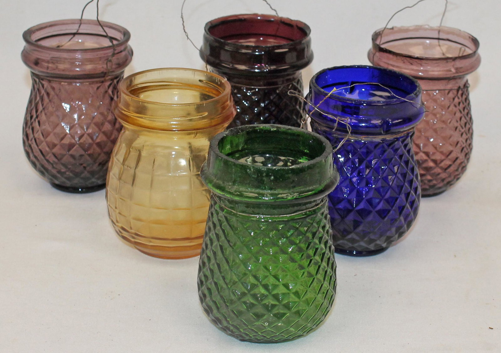 Lot of 6 glass fairy lamps in cobalt, green, amber & amethyst - 3 1/2" tall: Lot of 6 glass fairy lamps in cobalt, green, amber & amethyst - 3 1/2" tall
