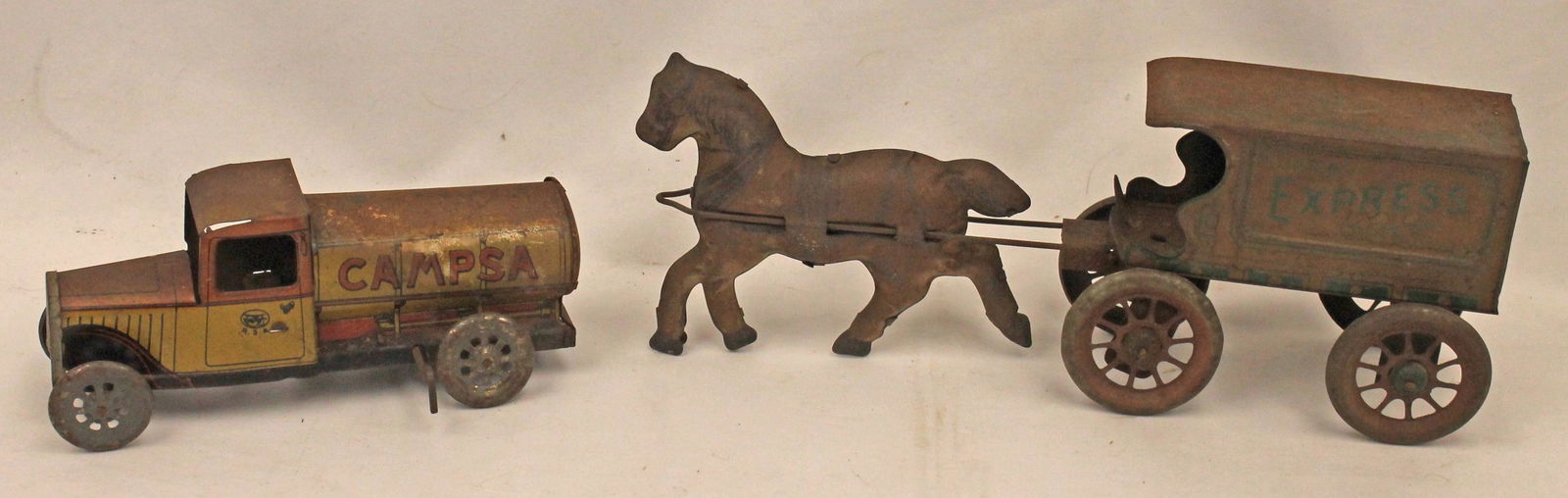 Lot of 2 antique tin toys incl 10 1/2" horse drawn "Express" cart  & 7" "Campsa" oil truck - (1 of 6)