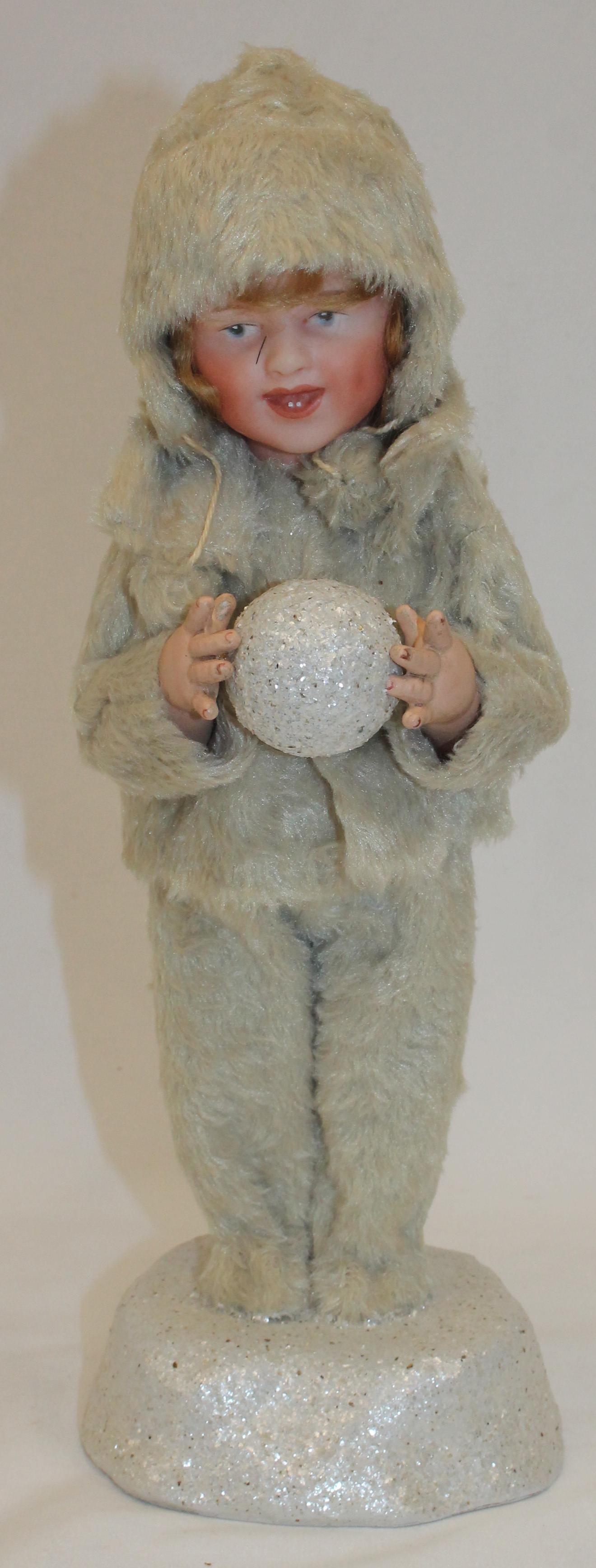 Artisan Kathy Patterson candy container of child in fur snow suit holding a snowball - signed & (1 of 5)