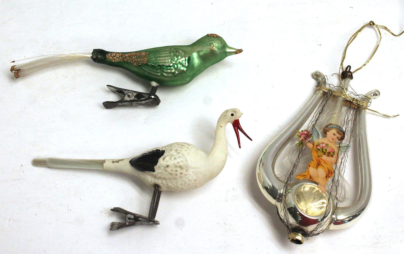 Lot of 3 antique glass Christmas tree ornament/clips incl stork, green bird & harp: Lot of 3 antique glass Christmas tree ornament/clips incl stork, green bird & harp