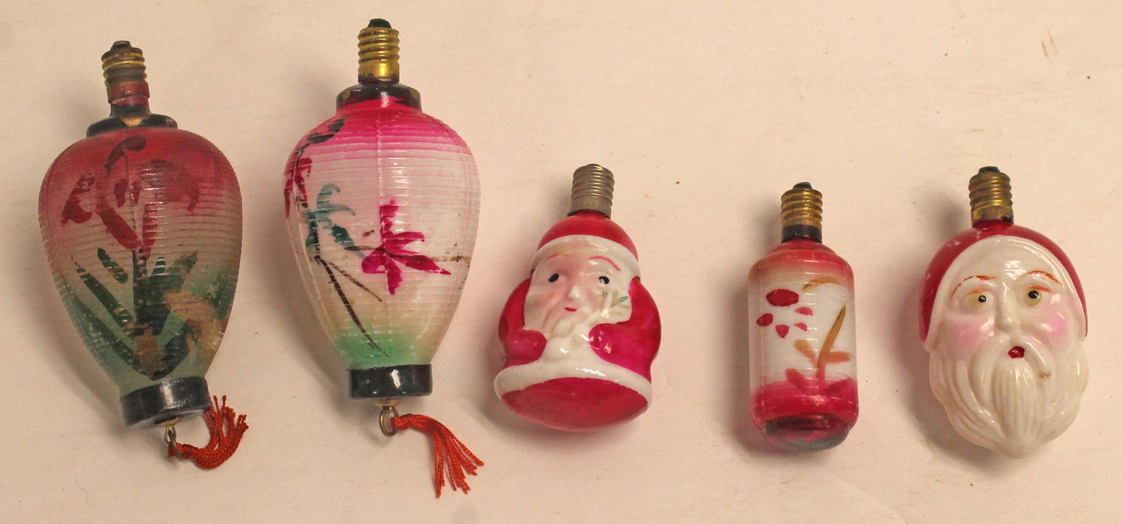 Lot of 5 antique glass Christmas light bulbs incl Santas & floral lanterns (1 of 6)