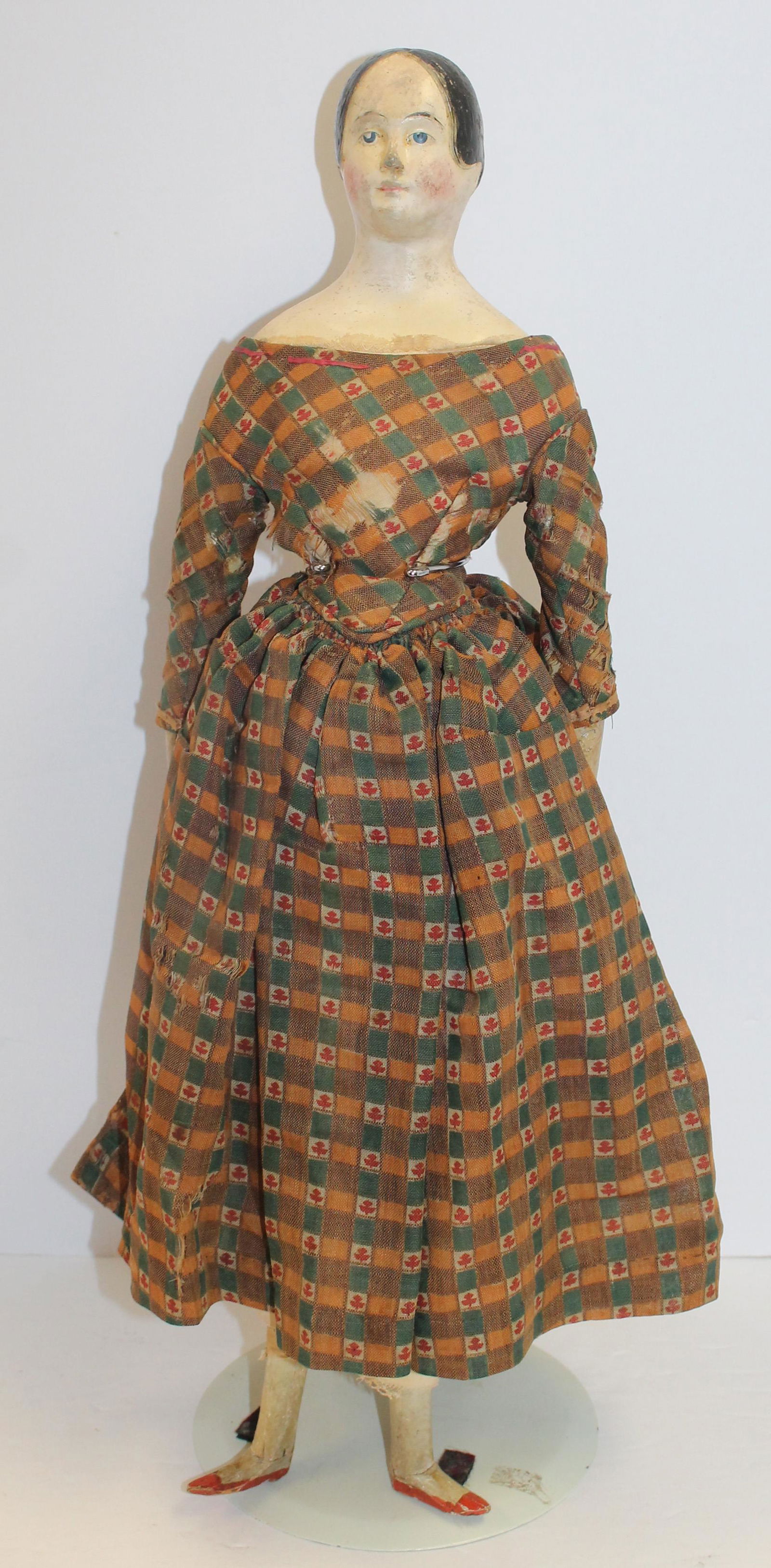 ca 1840's wood & papier mache head doll w kidd body & wood limbs - 22" tall (1 of 7)