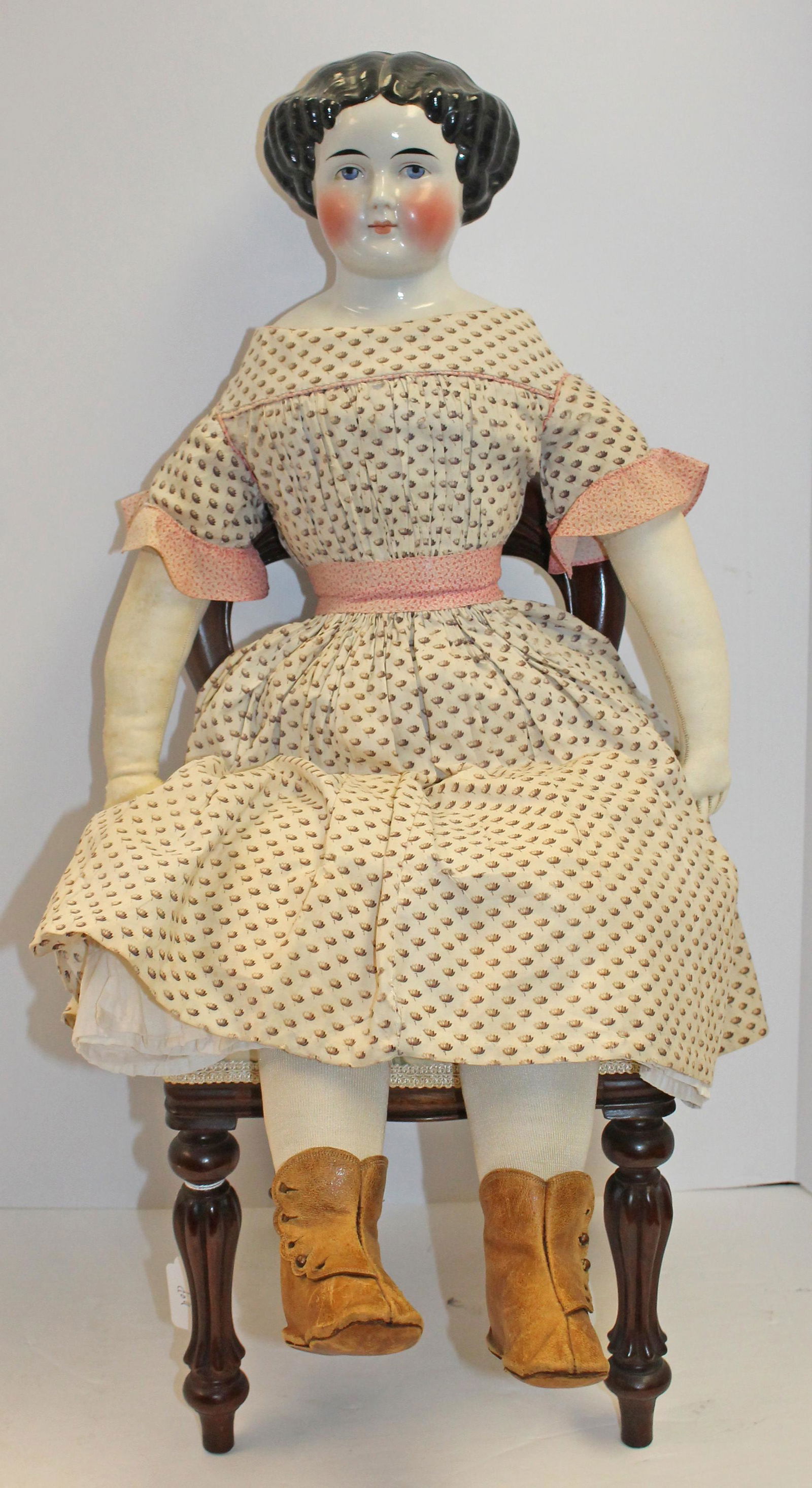 ca 1850-70 large china head doll w cloth body & leather boots in orig clothing sitting in a Sheraton (1 of 8)