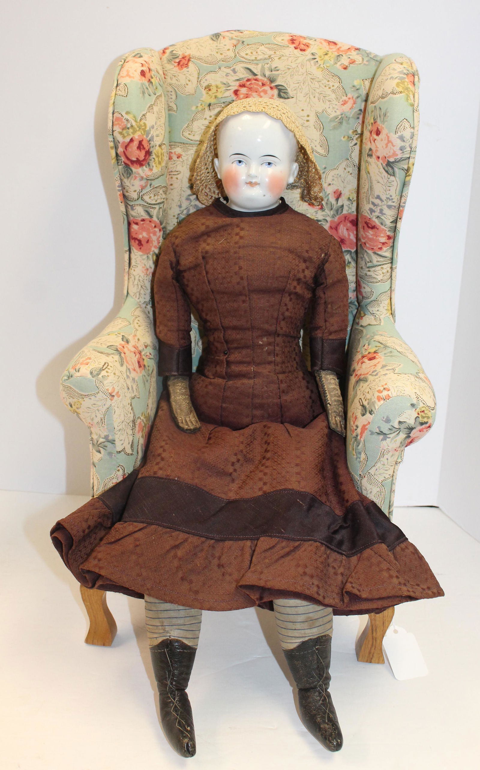 ca 1860's Biedemeier china head doll w cloth body & kidd arms sitting in a Chippendale style doll's (1 of 6)