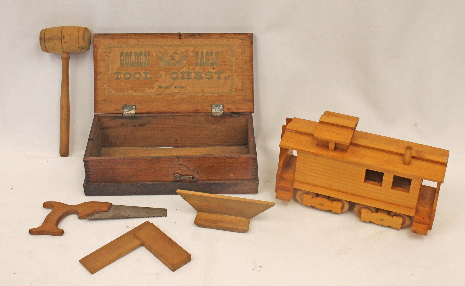 Golden Eagle" wooden toy tool chest w tools together w a toy wooden caboose - tool chest is 10 (1 of 6)