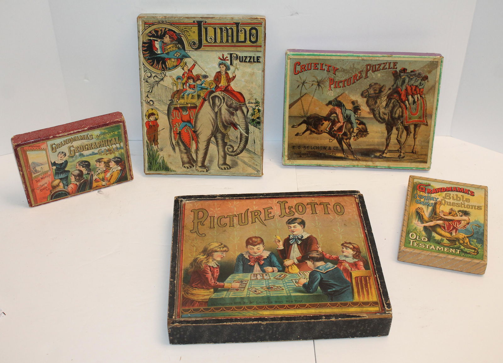 Lot of 5 early orig boxed games & puzzles incl "Grandma's Bible Questions'; "Grandma's geographical (1 of 12)
