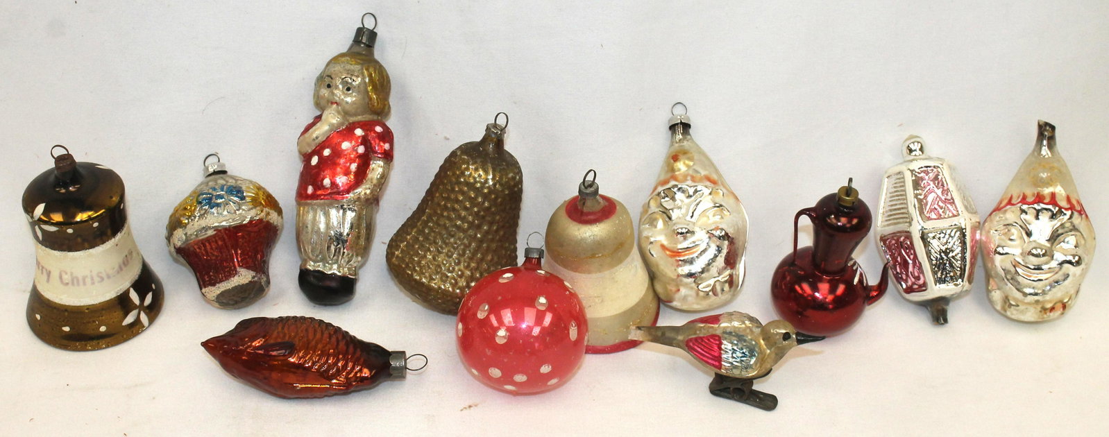 Lot of 12 figural antique glass Christmas ornaments: Lot of 12 figural antique glass Christmas ornaments