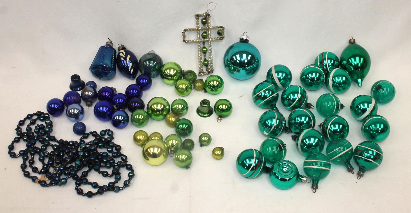 Lot of vintage/antique blue glass Christmas ornaments plus blue bead garlands: Lot of vintage/antique blue glass Christmas ornaments plus blue bead garlands