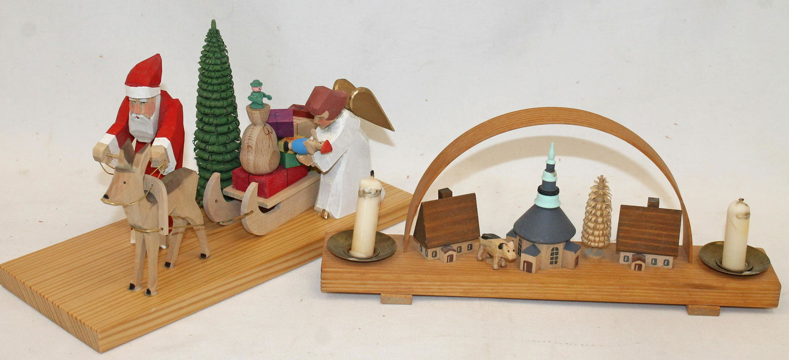 German Erzgebirge Santa, sleigh, and angel together w German Village candle holder on wooden bases - (1 of 3)