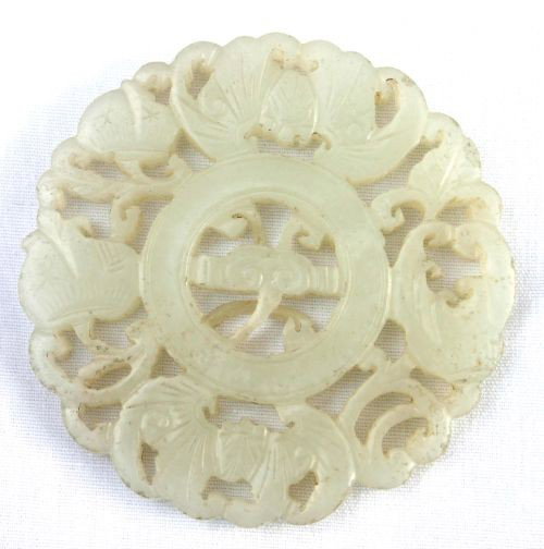 Chinese white jade 2" coin pendant w 3 bats & 2 peac: Chinese white jade 2" coin pendant w 3 bats & 2 peaches