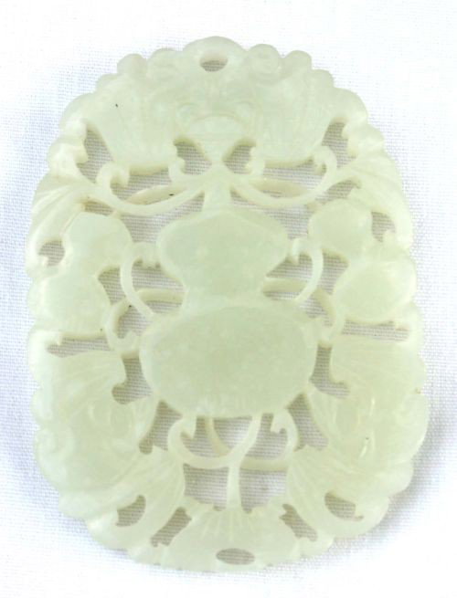 Chinese white jade 2 1/4" coin pendant w 3 bats of: Chinese white jade 2 1/4" coin pendant w 3 bats of happiness & 3 gourds