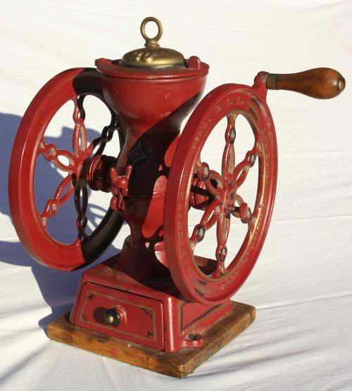 Landers, Frary & Clark New Britain, CT small versio: Landers, Frary & Clark New Britain, CT small version cast iron coffee grinder w wooden handle - approx 12" tall