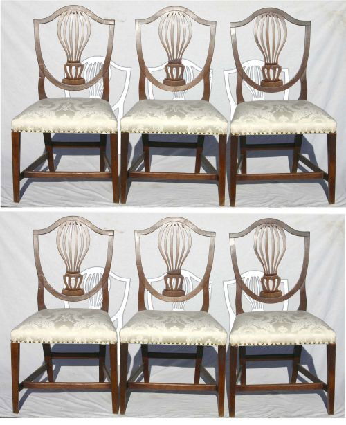 Very fine set of 6 Hepplewhite period ca 1790-1810: Very fine set of 6 Hepplewhite period ca 1790-1810 Southern VA mahogany shield back dining chairs in mint cond white damask upholstery