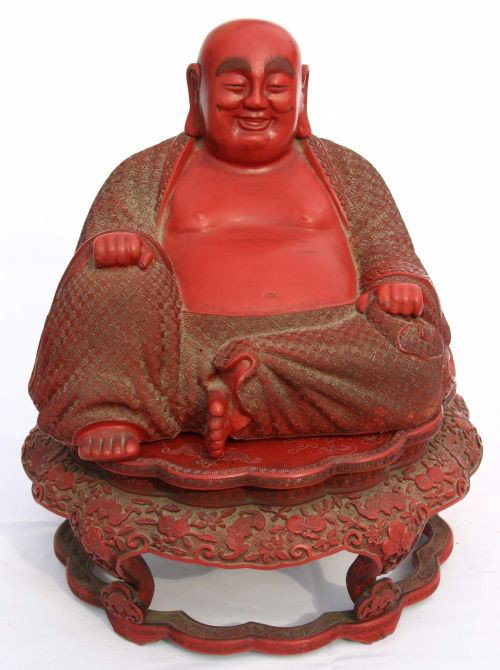 Maitreya laquered papier mache Buddha on separate l: Maitreya laquered papier mache Buddha on separate laquered stand - overall height 13 1/2" tall