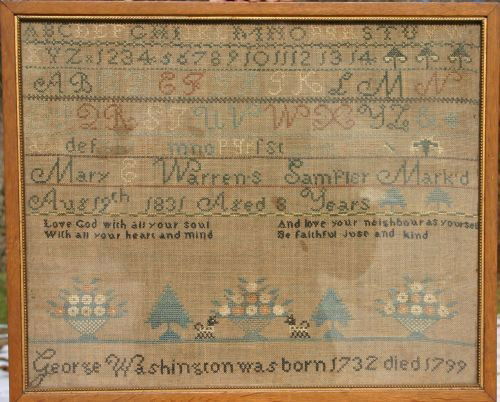 approx 14 1/2 x 18 Mary E Warrens alphabet, floral: approx 14 1/2 x 18 Mary E Warrens alphabet, floral & verse sampler dated August 19, 1831 (age 8 years)