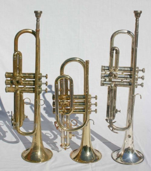 lot of 3 antique trumpets - 1 silver tone by Vox &: lot of 3 antique trumpets - 1 silver tone by Vox & 1 marked R. Medalist - 2 brass finish