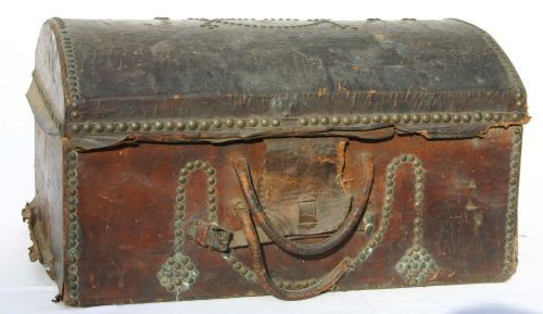 19thC wallpaper lined dome topped leather covered: 19thC wallpaper lined dome topped leather covered document box w brass tacks - 18" long x 10" tall x 12" deep