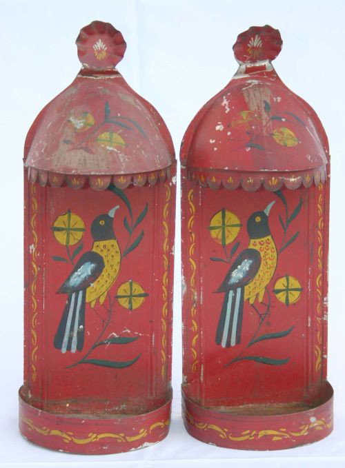 pr of PA late 19thC tole candle sconces in orig pa: pr of PA late 19thC tole candle sconces in orig paint & bird dec - approx 15" tall