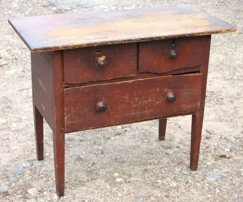 primitive antique 2 over 1 drawer work table in ol: primitive antique 2 over 1 drawer work table in old red wash surface w one board top - 36" long x 17" deep x 28 1/2" tall